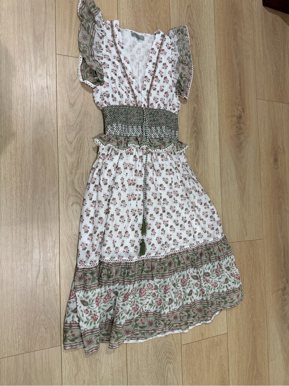 Smocked Floral Midi Dress in White and Green cotton